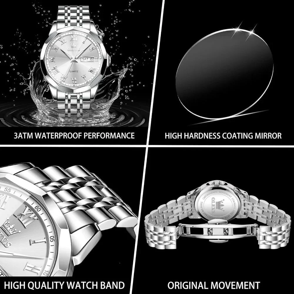 Olevs Men's Silver Steel Stain Waterproof Stainless Luminous Stylish Wrist Watch
